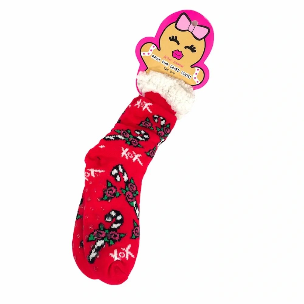 Betsey Johnson Candy Cane Slipper Socks, Red